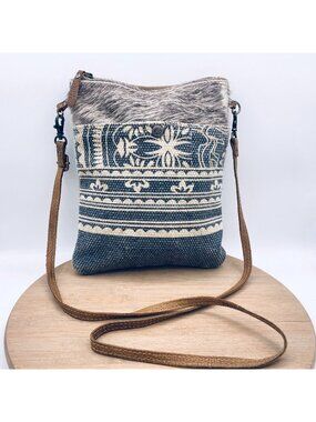 Myra Crossbody Bag Medium Blue Gray Leather Messenger Bag Purse Boho